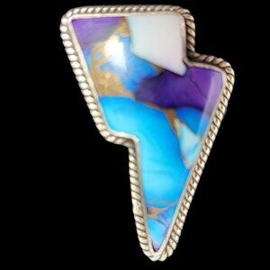 Sterling Silver Lightning Bolt Ring With Purple & Blue Stone Inlay, Size 9